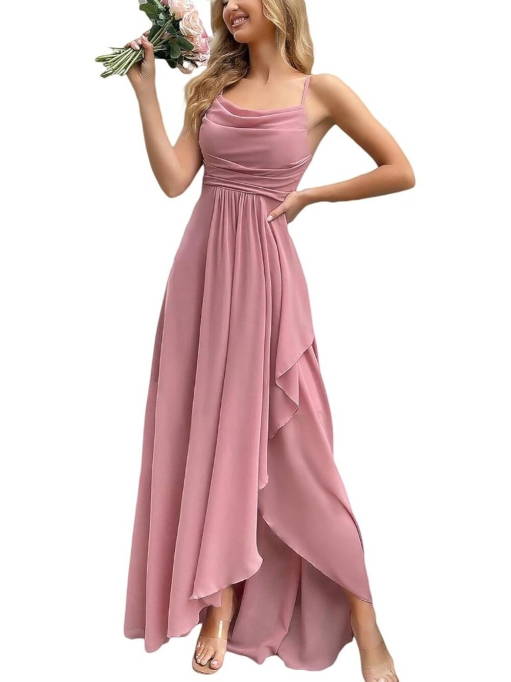 Women's Pink Cowl Neck Spaghetti Strap Cocktail Bodycon Maxi Dress